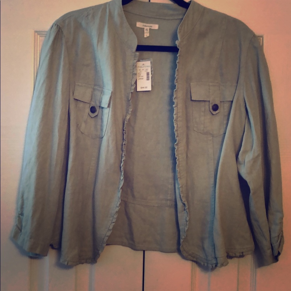 Collarless blazer, minty green/aqua.